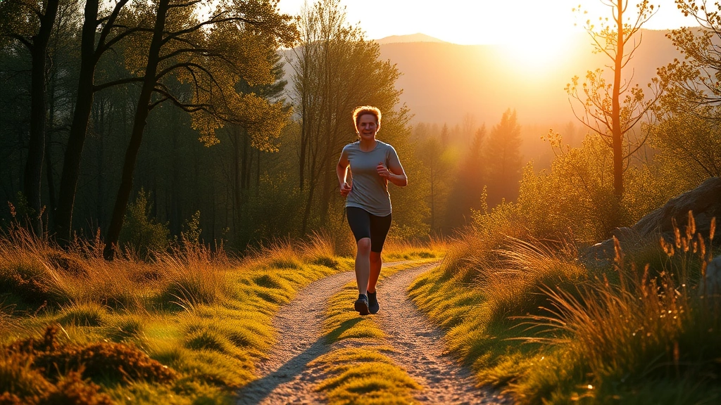 Person jogging through a scenic trail at sunrise, athletic wear, natural outdoor environment with trees and morning light. Active, energetic posture, healthy lifestyle imagery, photorealistic wellness photography.