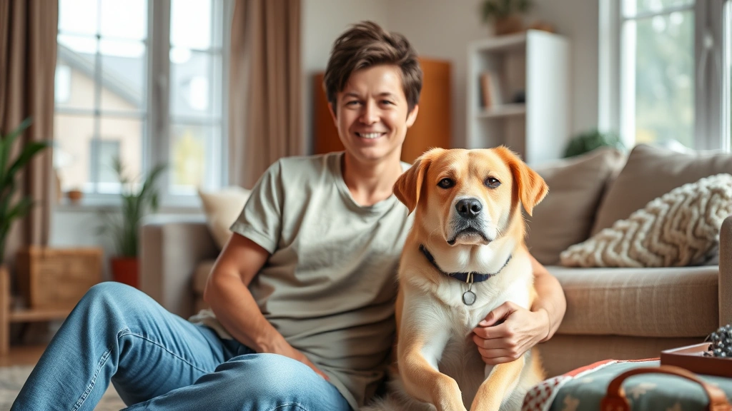 Person sitting peacefully with calm emotional support dog, both looking content and relaxed in bright living room with natura