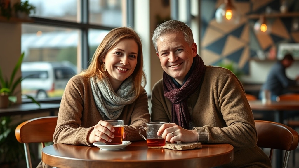 Two friends sitting together at a café table, smiling, having warm conversation over herbal tea. Natural lighting, genuine connection, supportive friendship moment, indoor casual setting, photorealistic human connection imagery.