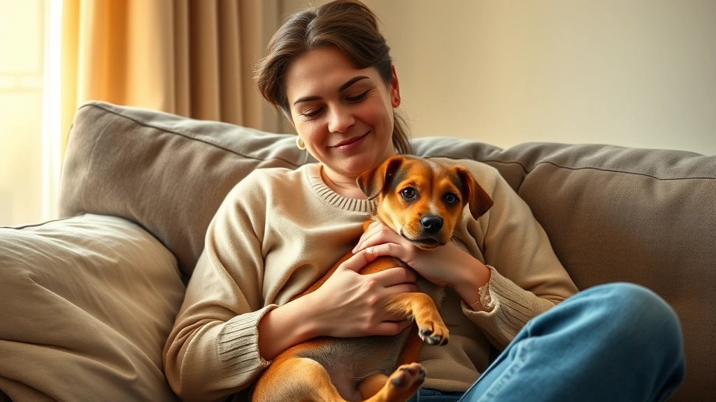 Person sitting on couch with calm expression, holding a small dog close to chest, warm natural lighting, showing emotional comfort and peace, cozy home setting with soft textures