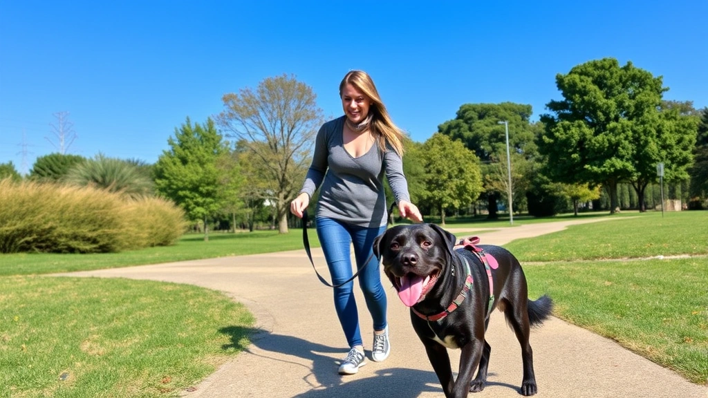 Happy person walking outdoors with emotional support dog on leash, sunny day, peaceful park setting, showing improved mood and confidence, genuine connection between person and animal