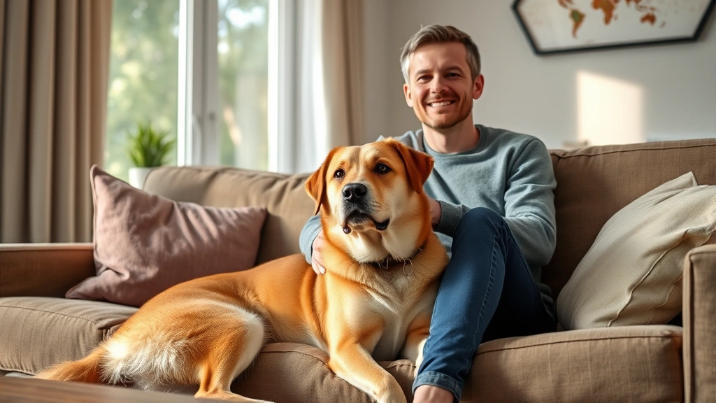 Person sitting on couch with calm emotional support dog beside them, natural window light, peaceful expression, indoor living