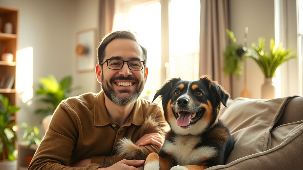 Happy tenant with emotional support animal in new apartment, natural sunlight, genuine smile, cozy home environment