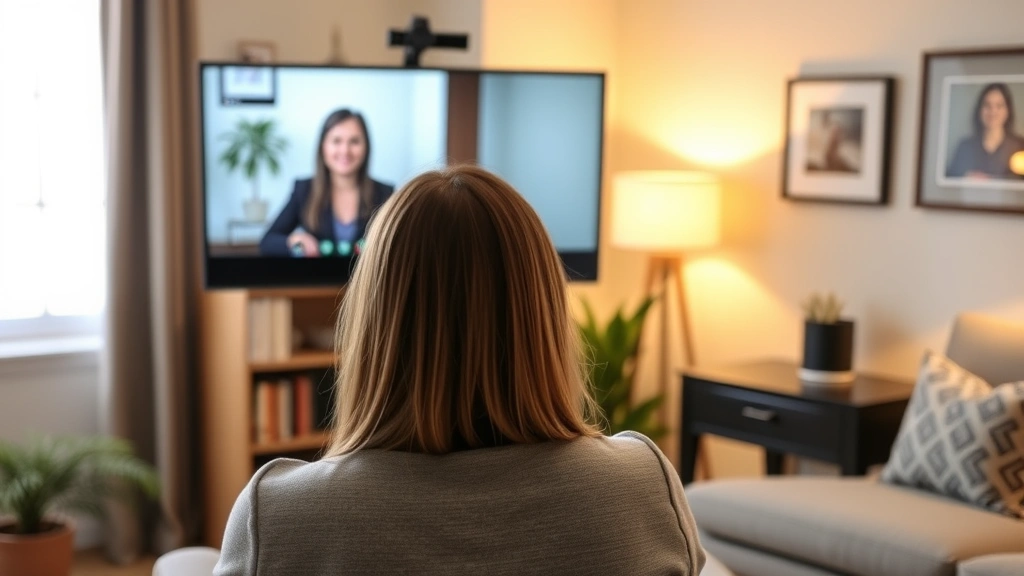 Person in home office video call with therapist on screen, warm lighting, professional setting, comfortable environment