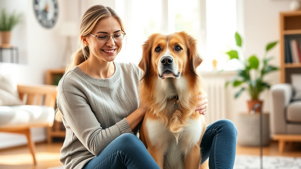 Woman sitting with calm emotional support dog in bright living room, natural window light, peaceful expression, cozy home set