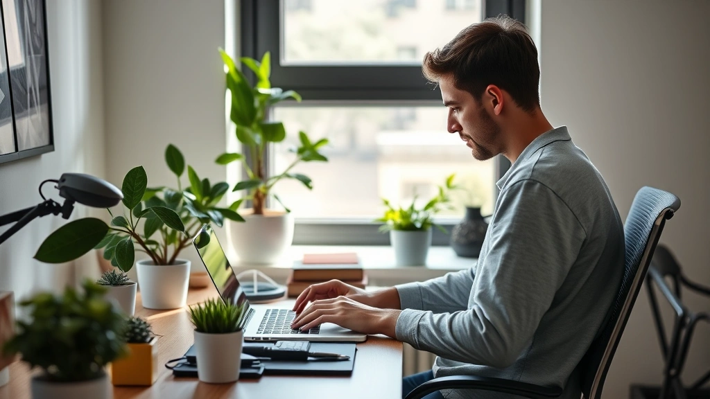 Person with laptop working from home office desk with plants and natural light coming through window