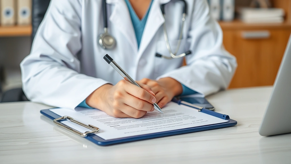 Healthcare provider writing medical documentation at desk with stethoscope and clipboard visible