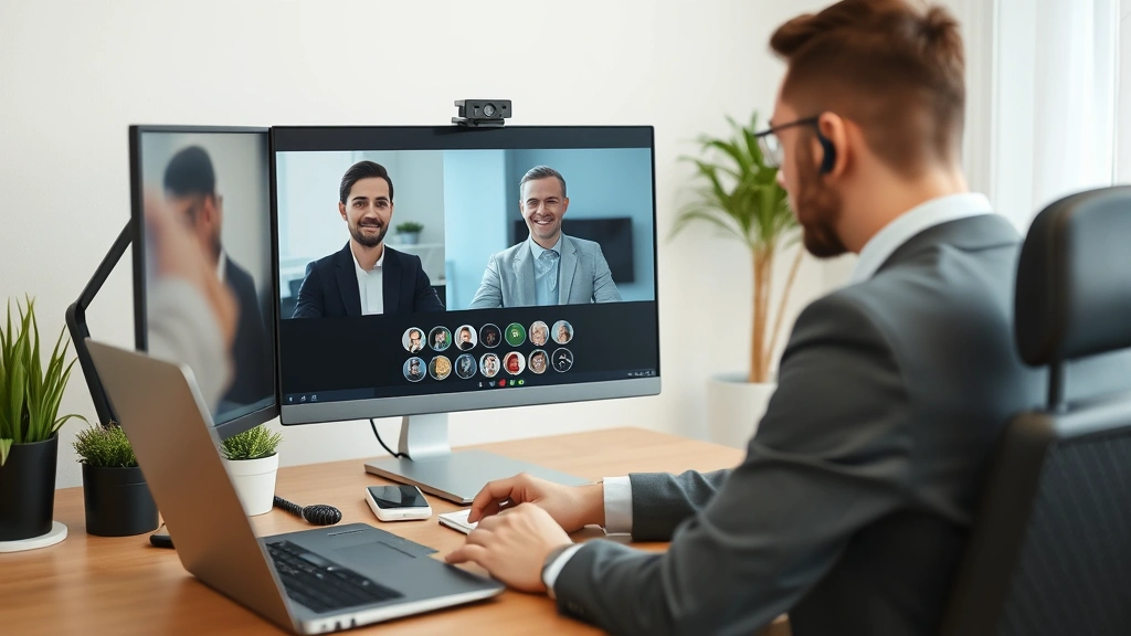 Professional having video conference call on computer screen from home workspace