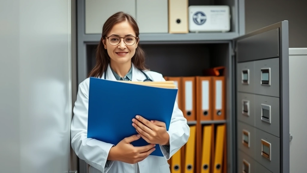 Healthcare professional in white coat holding confidential medical folder in secure office environment with filing cabinet