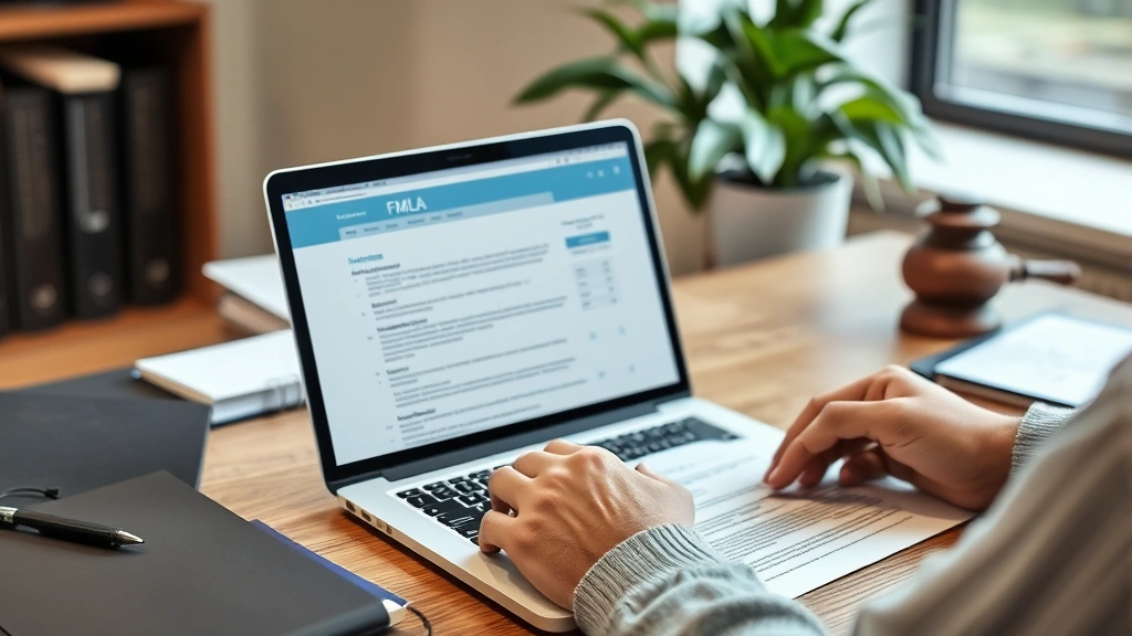 Person at desk reviewing legal documents with laptop showing FMLA information, professional workspace setting
