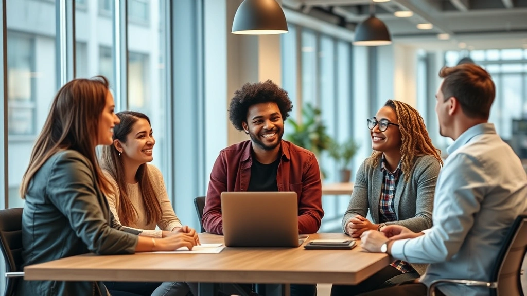 Diverse employees in modern office having supportive conversation with HR representative about workplace accommodations