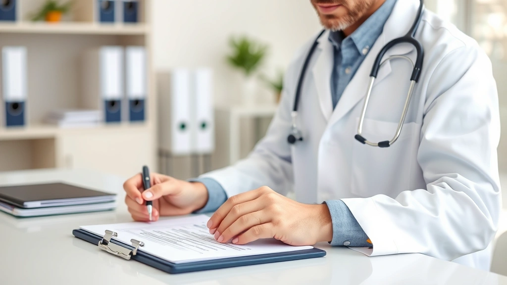 Doctor in white coat reviewing medical notes at desk with stethoscope and clipboard, professional healthcare office setting