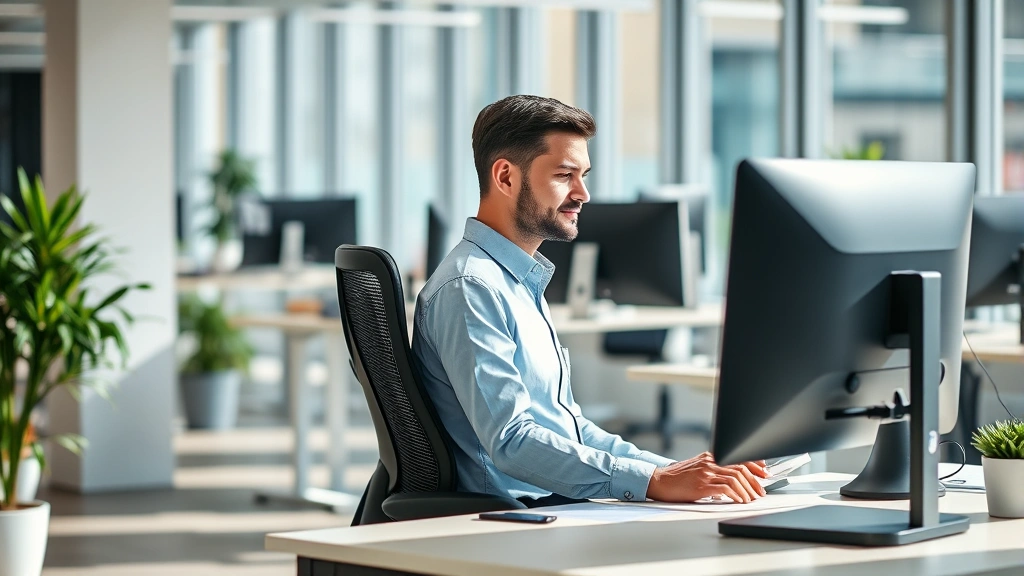 Employee at computer workstation with proper ergonomic posture, supportive chair and desk arrangement in bright office enviro