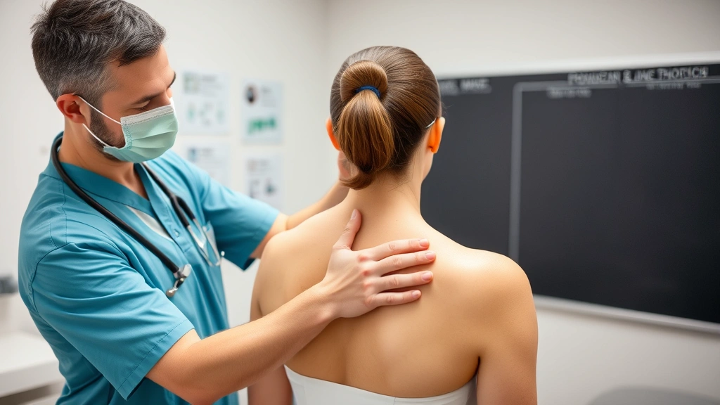 Medical professional examining patient shoulder and upper back, assessing range of motion and physical limitations in clinica