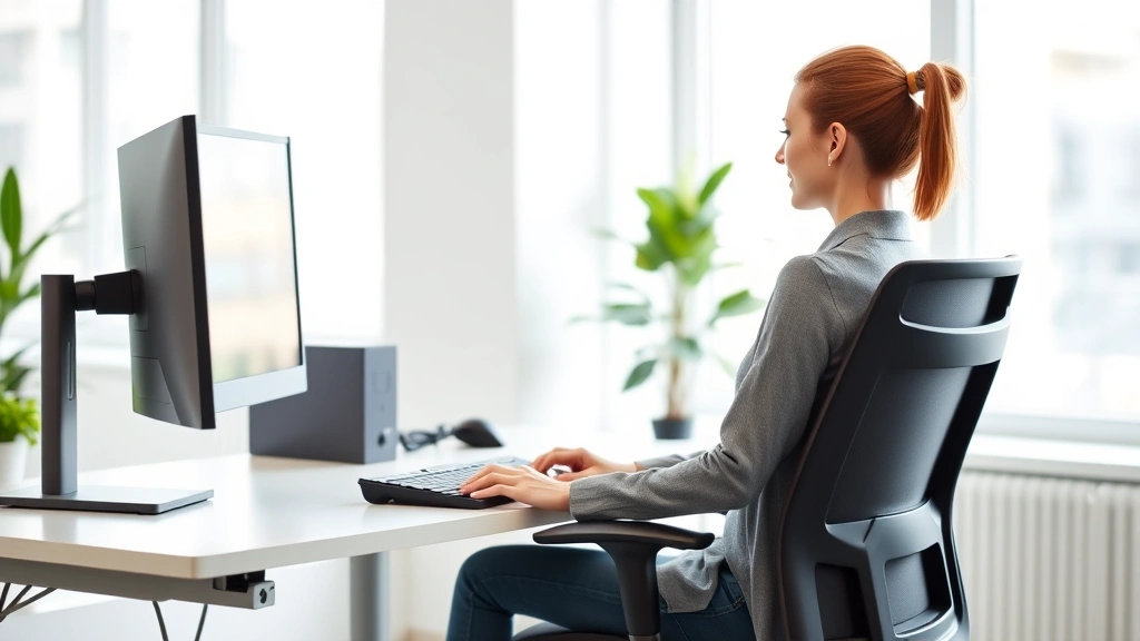 Professional woman with good posture sitting at ergonomic office desk with adjustable chair monitor at eye level and proper k