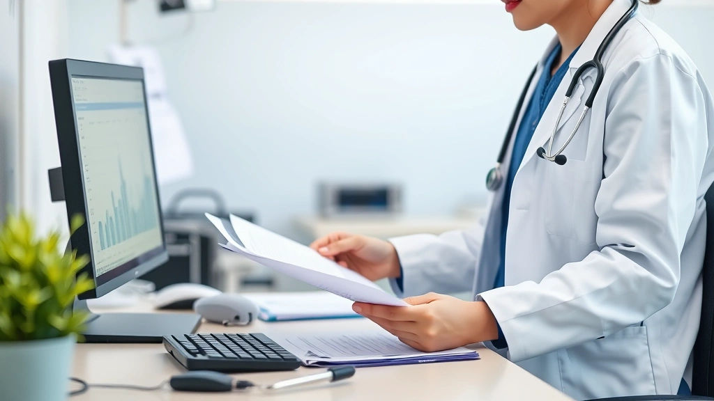 Healthcare provider in white coat reviewing medical documents at desk with stethoscope and computer in clinical office settin