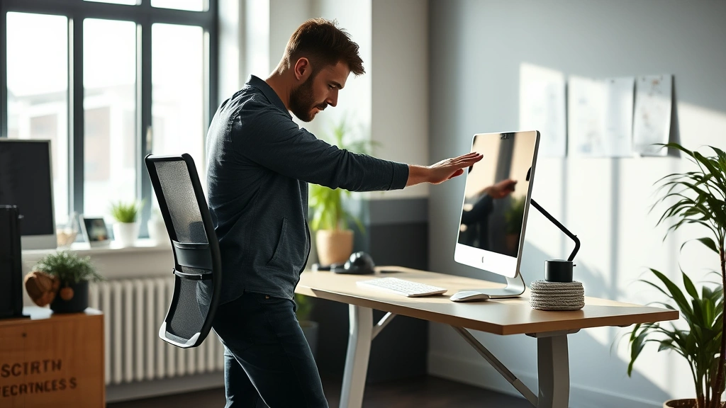 Man performing stretching exercises at standing desk workstation with proper ergonomic setup and natural window lighting in c