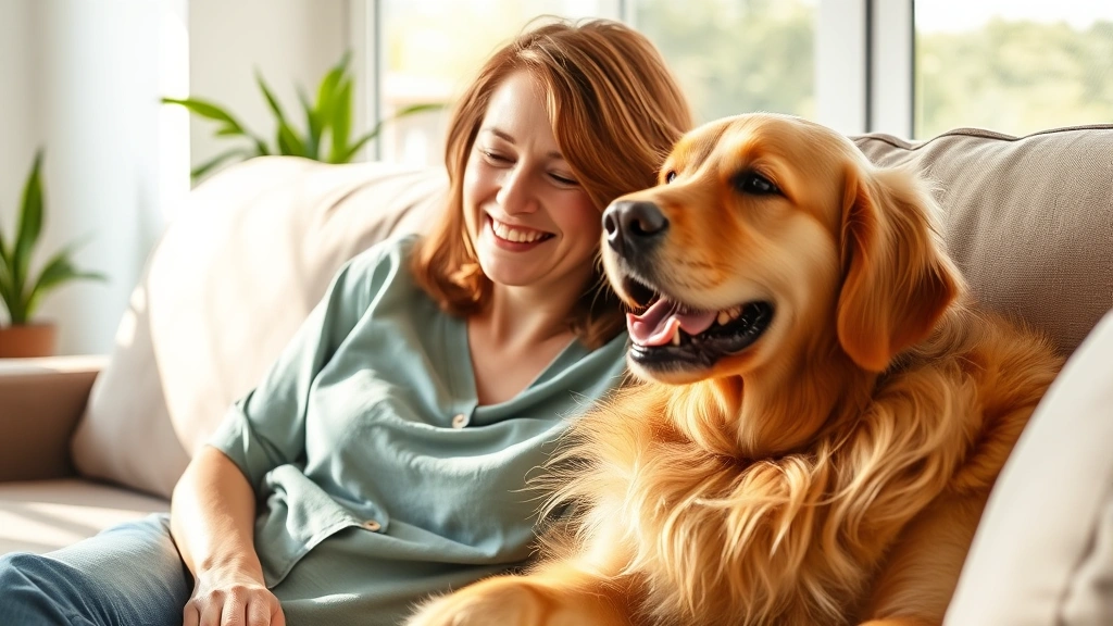 Woman sitting with golden retriever on couch, smiling peacefully, natural home setting with sunlight, emotional connection vi