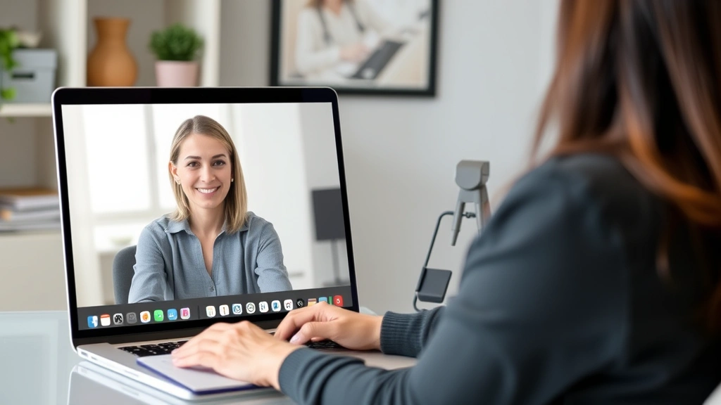 Licensed therapist conducting video consultation on laptop, professional office background, warm supportive expression, notep
