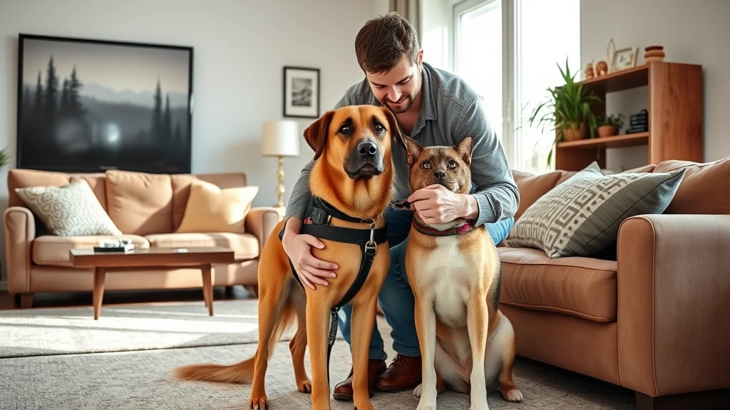 Person with service dog in apartment living room, comfortable furniture, natural light, showing bond between handler and anim