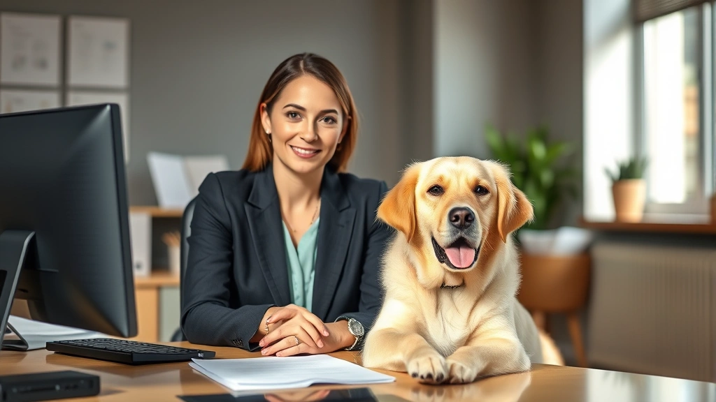 Professional woman in business attire sitting at desk with calm emotional support dog beside her, natural lighting, warm offi
