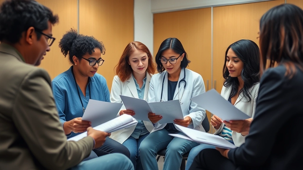 Diverse group of mental health professionals in clinical setting reviewing documents together, professional atmosphere, colla