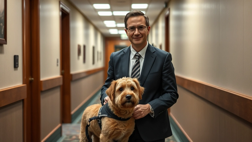 Person with emotional support animal in courtroom hallway, calm composed expression, professional business casual clothing, s