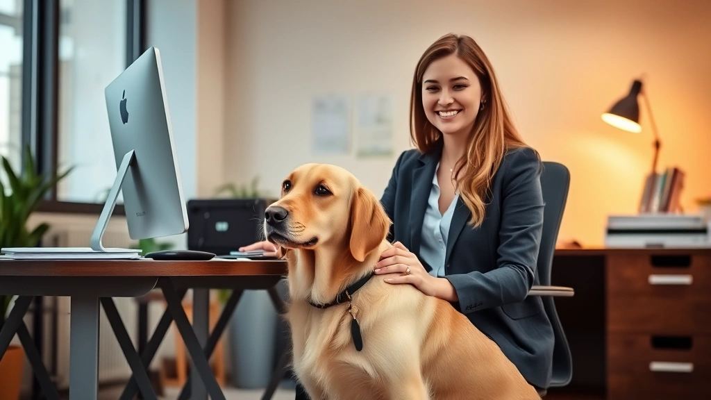 Professional woman at desk with calm golden retriever at her feet, warm office lighting, employee smiling peacefully while wo