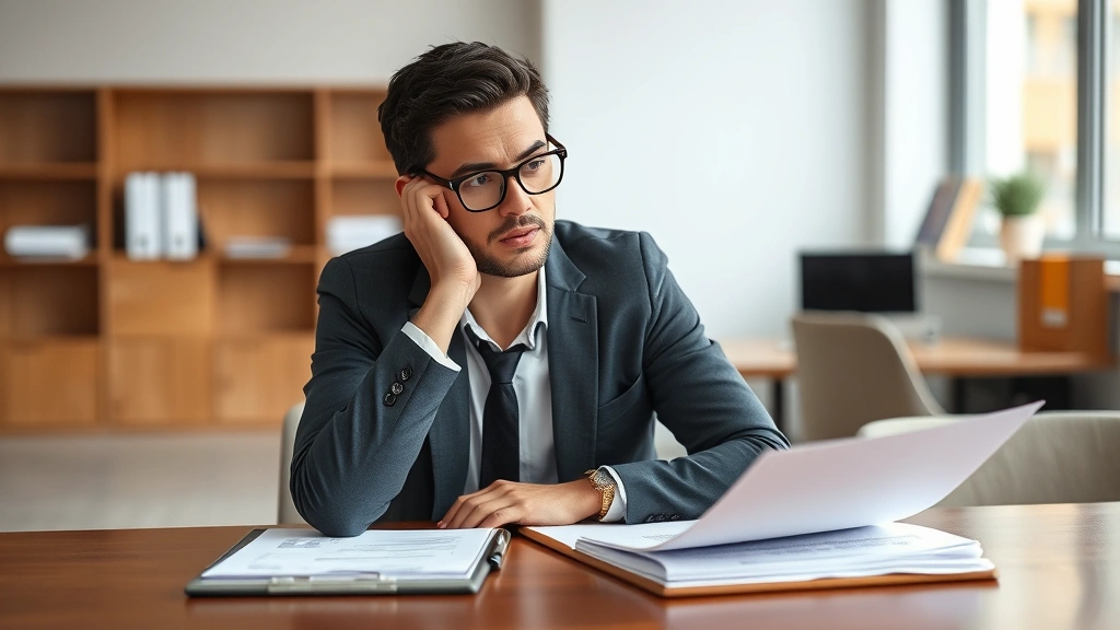 HR professional reviewing documents at table, thoughtful expression, neutral office background, clipboard and papers visible