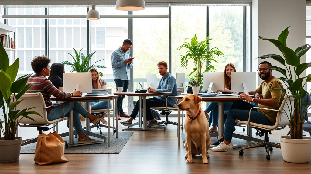 Diverse team in modern office space, one person with emotional support dog nearby, collaborative work environment, natural da