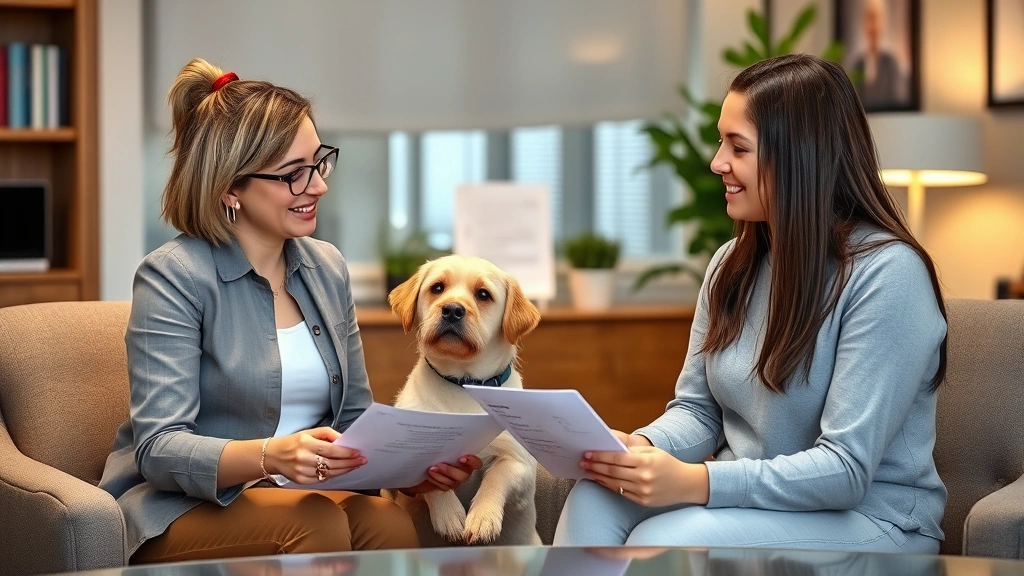 Licensed mental health professional in office setting discussing emotional support animal documentation with university stude