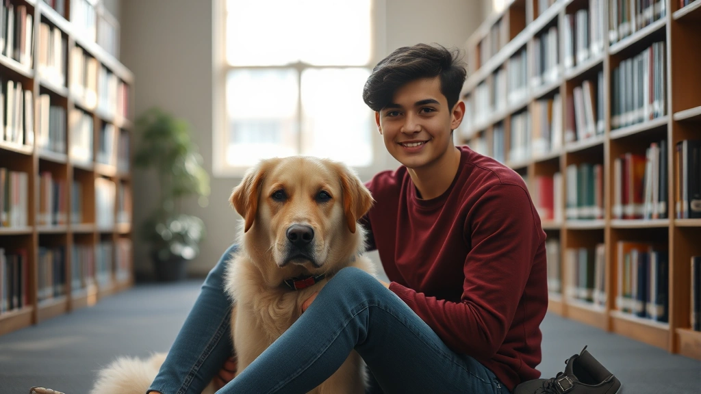 Young student sitting with calm emotional support dog in university library study area, natural daylight, peaceful academic a