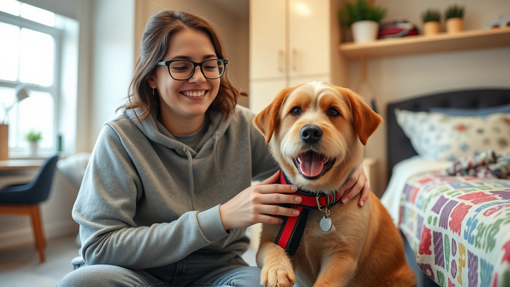 Student with emotional support animal in accessible campus dormitory room, comfortable and supportive living environment