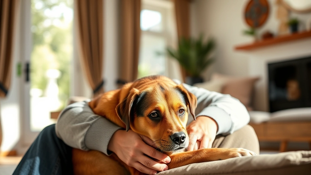 Person sitting peacefully with calm dog resting head on lap in bright living room, natural sunlight, relaxed body language, w