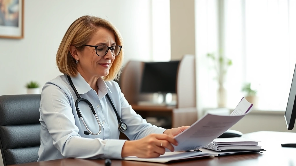 Licensed mental health professional at desk reviewing documents with compassionate expression, professional office environmen