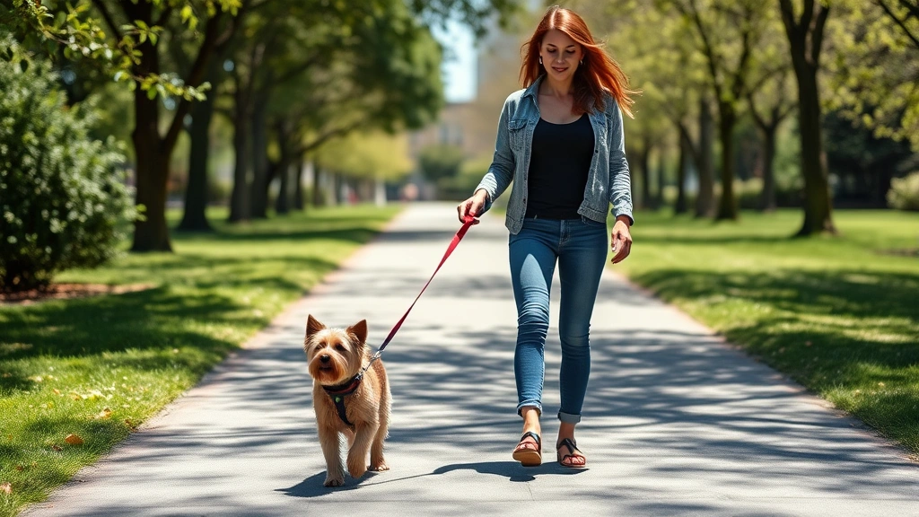 Woman walking confidently with small dog on leash in park, sunny day, outdoor path, genuine emotional connection visible betw