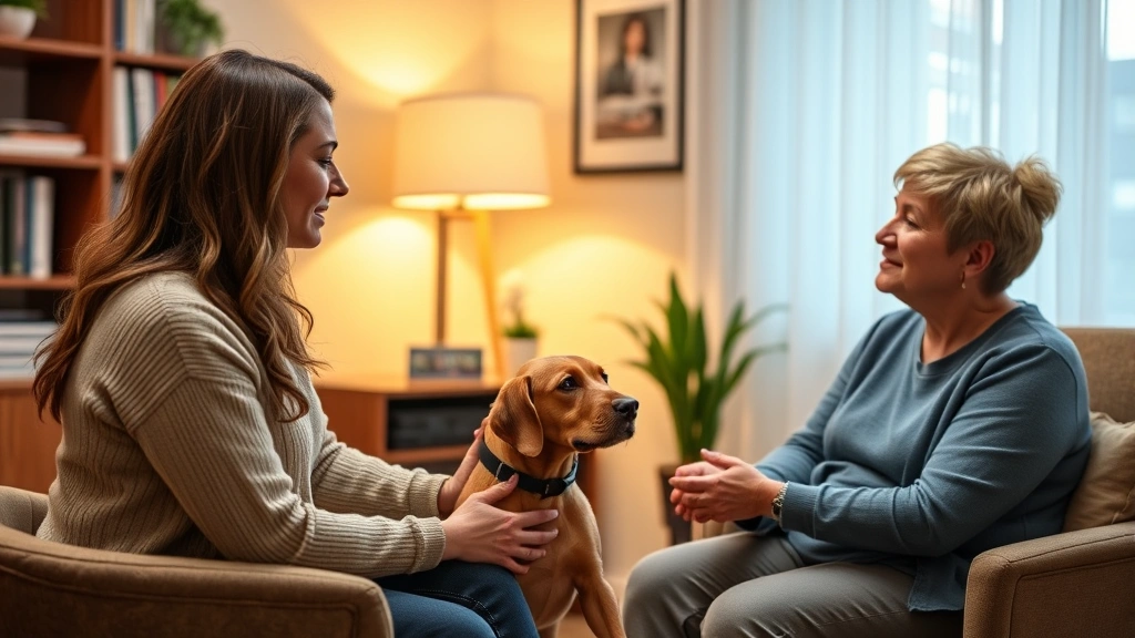 Licensed therapist in professional office with warm lighting consulting patient about emotional support animal during therapy