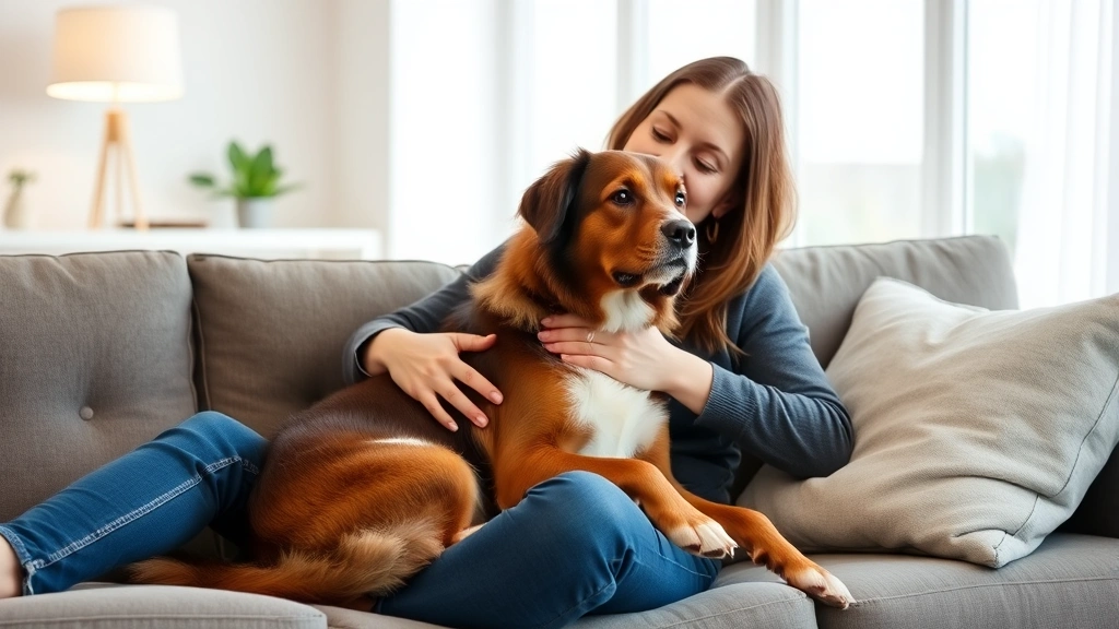 Woman sitting peacefully with her emotional support dog on comfortable couch in bright modern living room