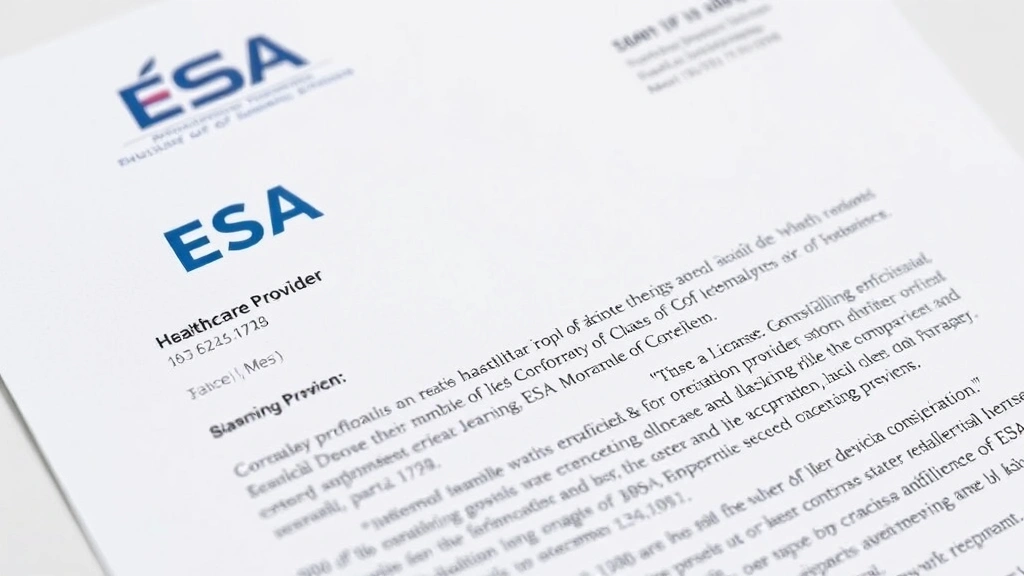 Close up of official ESA letter on healthcare provider letterhead with license credentials displayed prominently