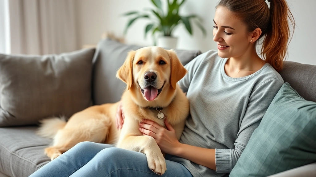 Woman sitting peacefully with emotional support dog at home on comfortable couch during therapy session calm supportive envir
