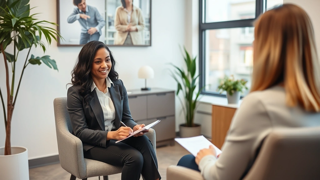 Licensed therapist taking notes during mental health consultation in professional office setting with calm relaxing interior
