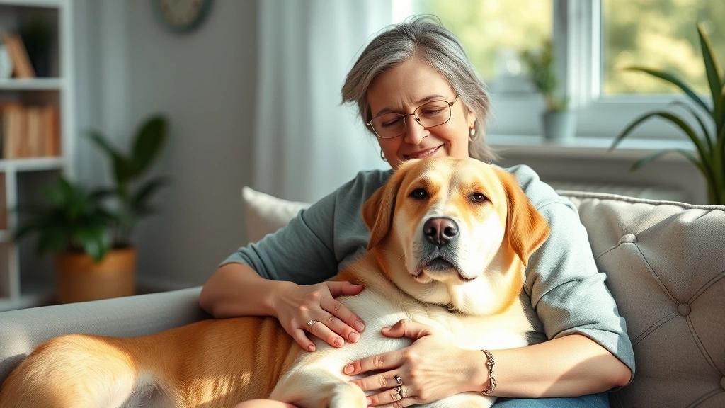 Woman sitting peacefully with emotional support dog at home, natural lighting, calm expression