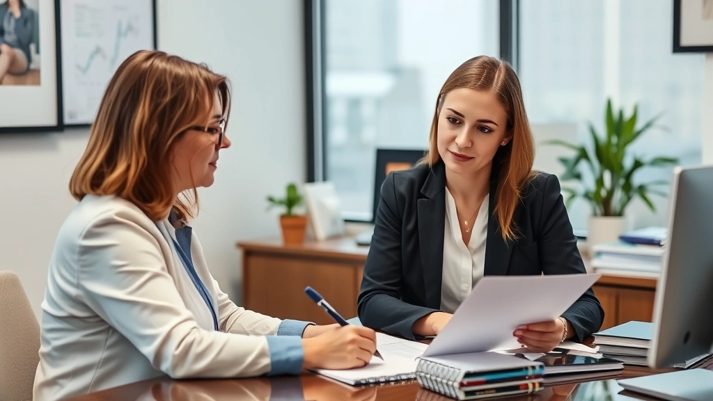 Licensed therapist in professional office setting reviewing patient documents at desk