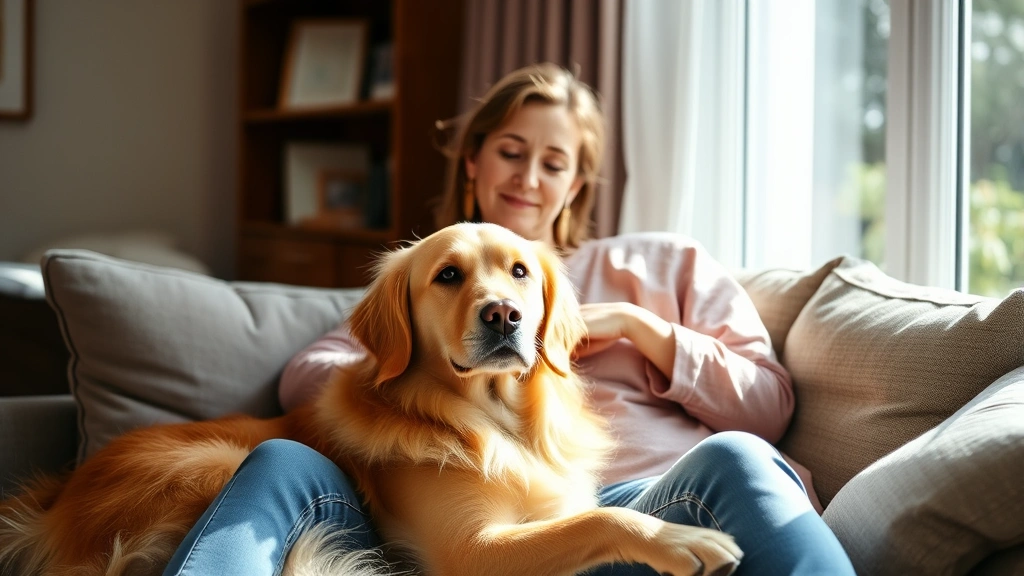 Woman sitting peacefully on couch with calm golden retriever dog, natural sunlight from window, gentle supportive moment