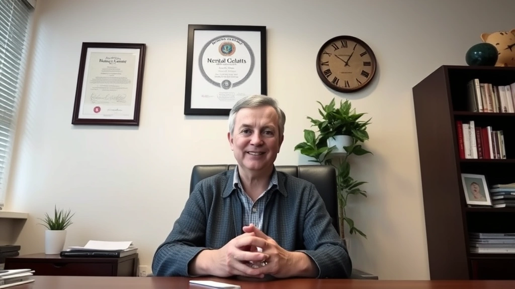 Licensed mental health professional in office setting with diploma on wall during telehealth video consultation, professional