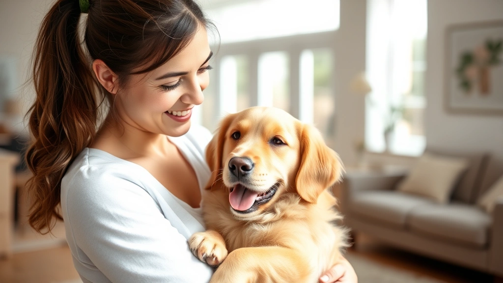 Smiling woman holding small golden retriever dog in bright living room with natural sunlight, both looking calm and content t