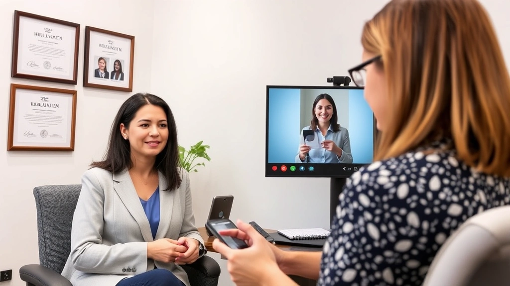 Licensed mental health professional conducting telehealth evaluation with patient on secure video call, professional office s