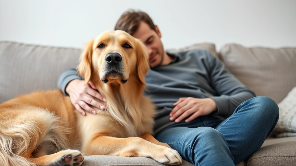 Person sitting on couch with calm golden retriever providing emotional support and comfort during anxiety moment