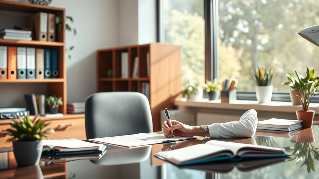 Licensed mental health professional in office writing documentation at desk with calm demeanor natural lighting