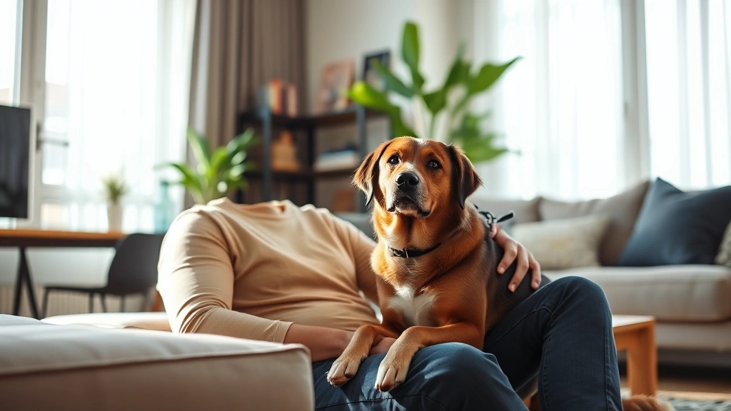 Person sitting peacefully with emotional support dog in modern apartment living room sunlight